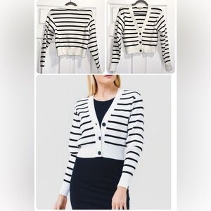 FRAME Relaxed Striped Rib-Knit Cardigan Black and White Stripes Size Small